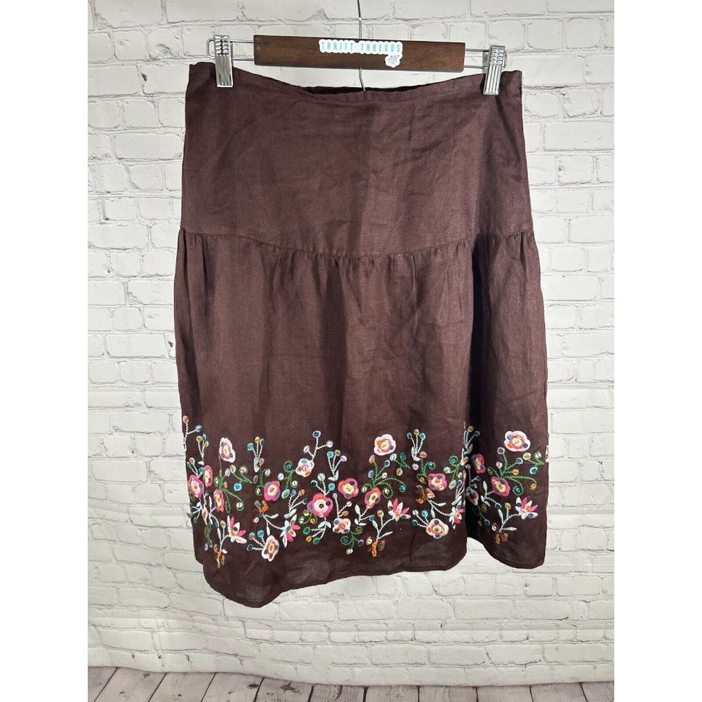 Vintage Carole Little Brown Midi Linen Embroidered A-Line Sequined Skirt 6 EUC